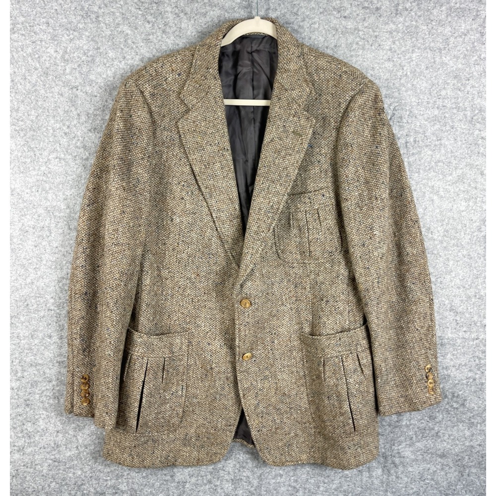 VTG Southwick Tweed Blazer Sport Coat Mens 44L Tan Pleated Patch Pockets USA 70s